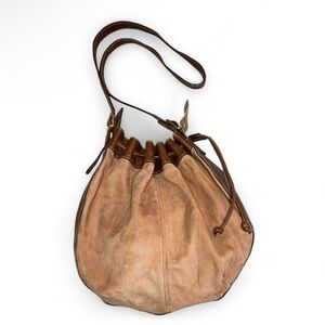 Hunt Club Tan and Brown Genuine Leather Drawstring Bucket Shoulder Bag